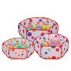 A pink foldable kids play tent with a ball pool pit filled with colorful plastic balls.