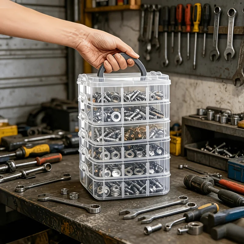 A hand holds a clear plastic storage organizer filled with various hardware and small parts on a workbench.