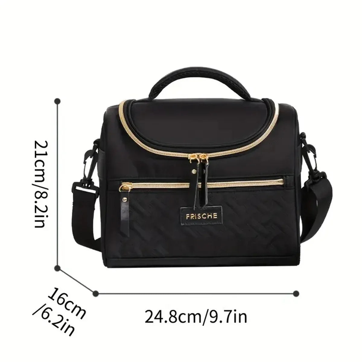 Bolsa térmica negra con cremallera dorada y correa acolchada para el hombro.