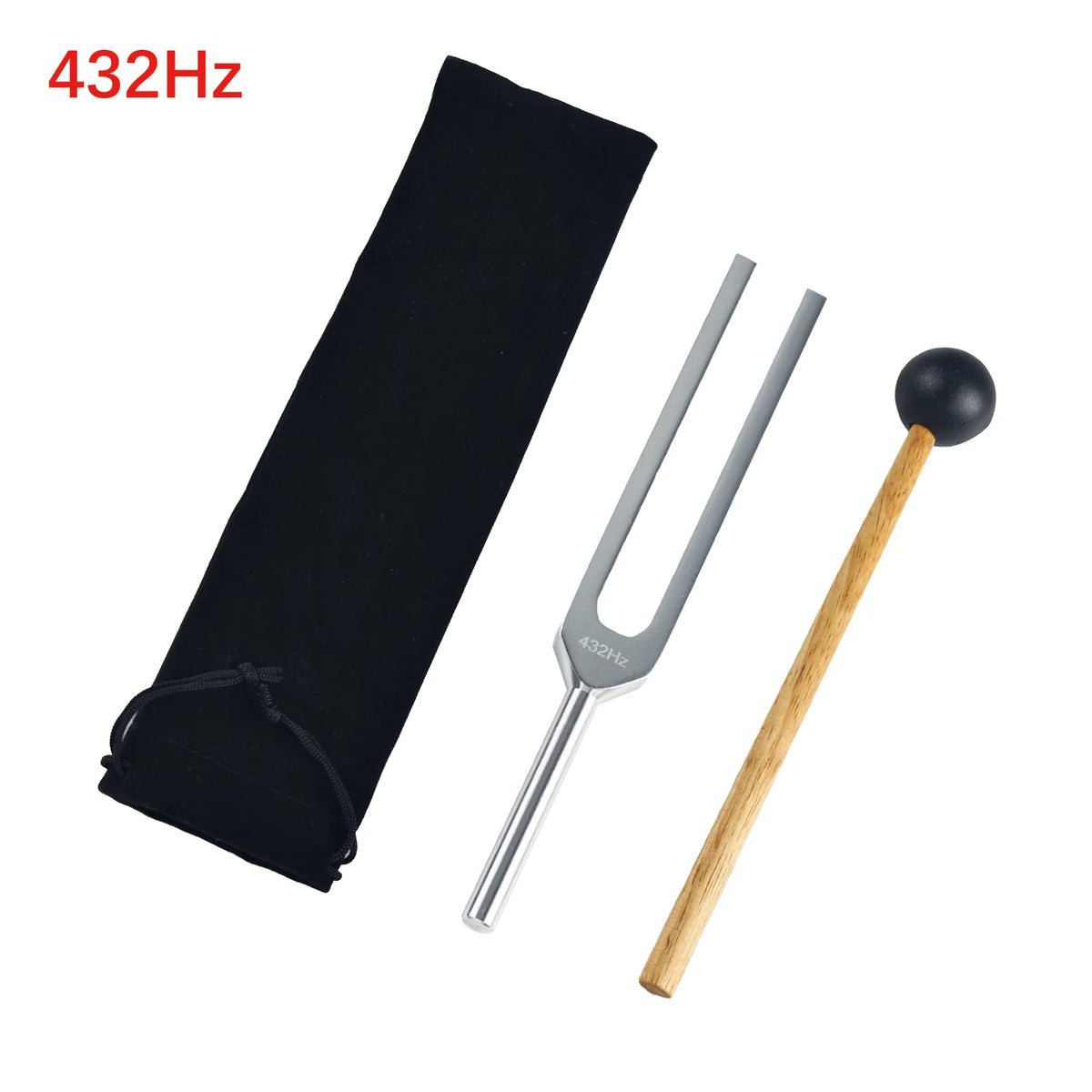 A tuning fork set featuring a metal fork, wooden mallet, and a black storage bag for 432Hz tuning.
