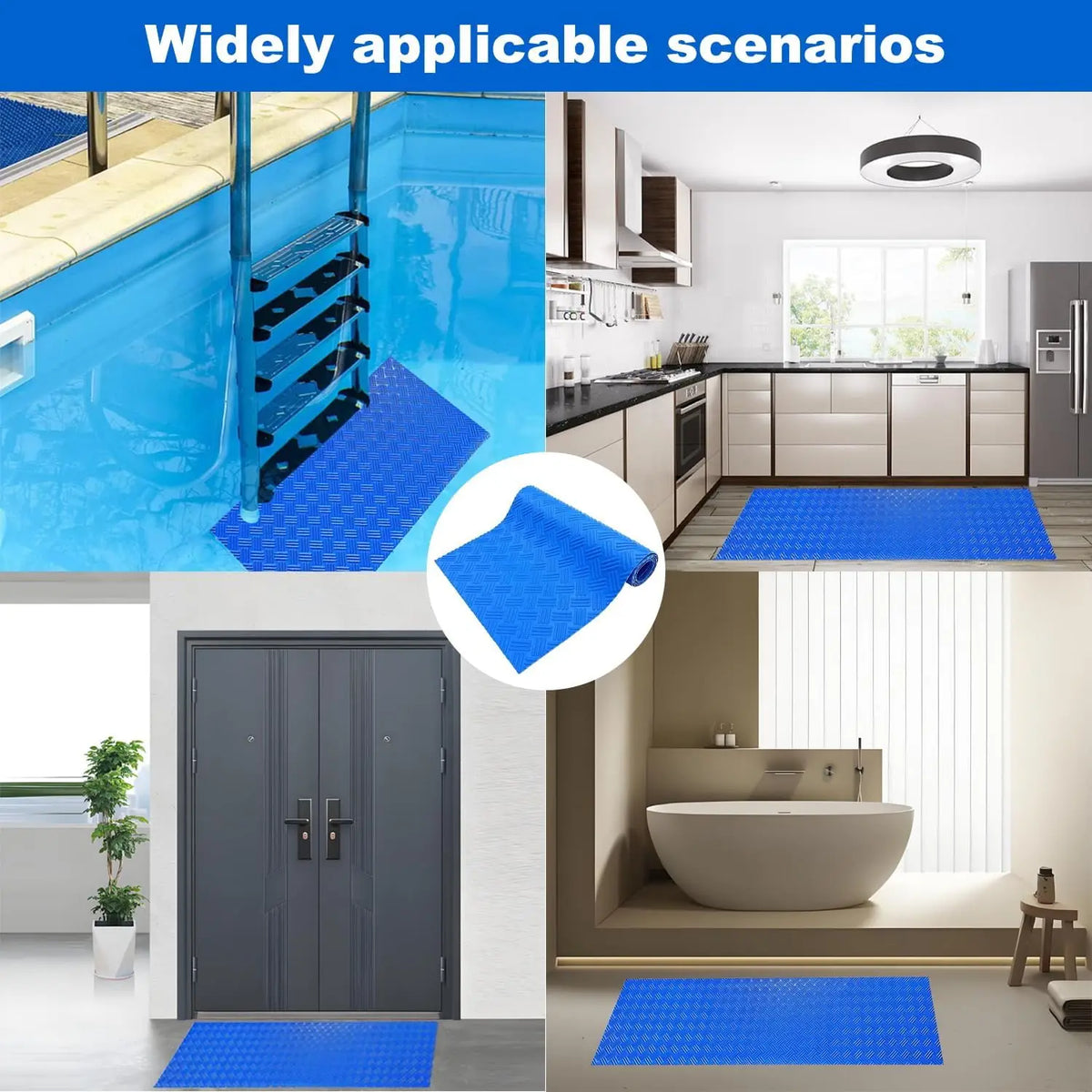 Blue non-slip swimming pool ladder mat shown in use beside a pool edge.