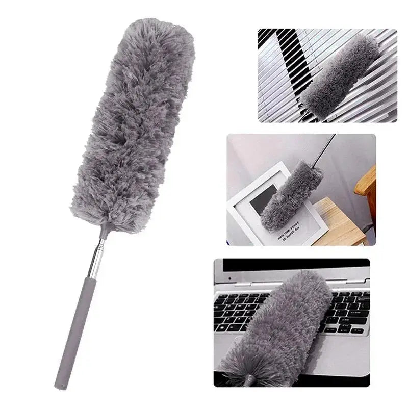 A grey electrostatic telescopic dust duster with a flexible stainless steel handle shown in various contexts.