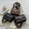 A collection of brown and black leather mini cross-body bags with adjustable straps displayed on a white background.