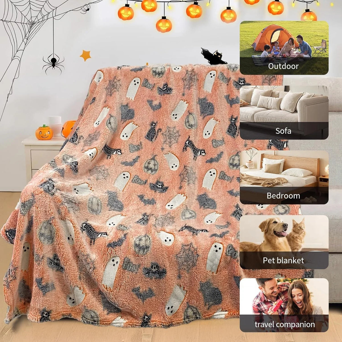Weiche orange-graue Korallen-Fleecedecke mit Halloween-Motiven für den Outdoor-Einsatz.