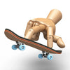A wooden finger skateboard with a hand-shaped deck and blue wheels is shown in a side view.