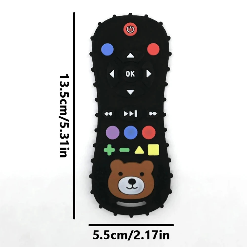 Black silicone baby teether shaped like a bear with various buttons and anti-slip features