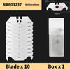 Ten white bull horn blades and one storage box for utility work