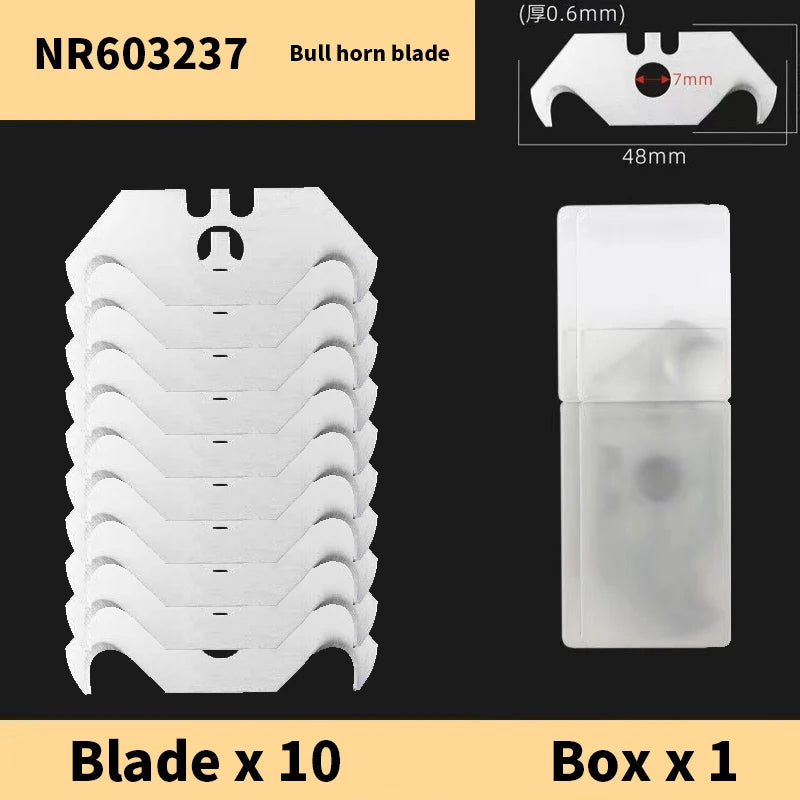Ten white bull horn blades and one storage box for utility work