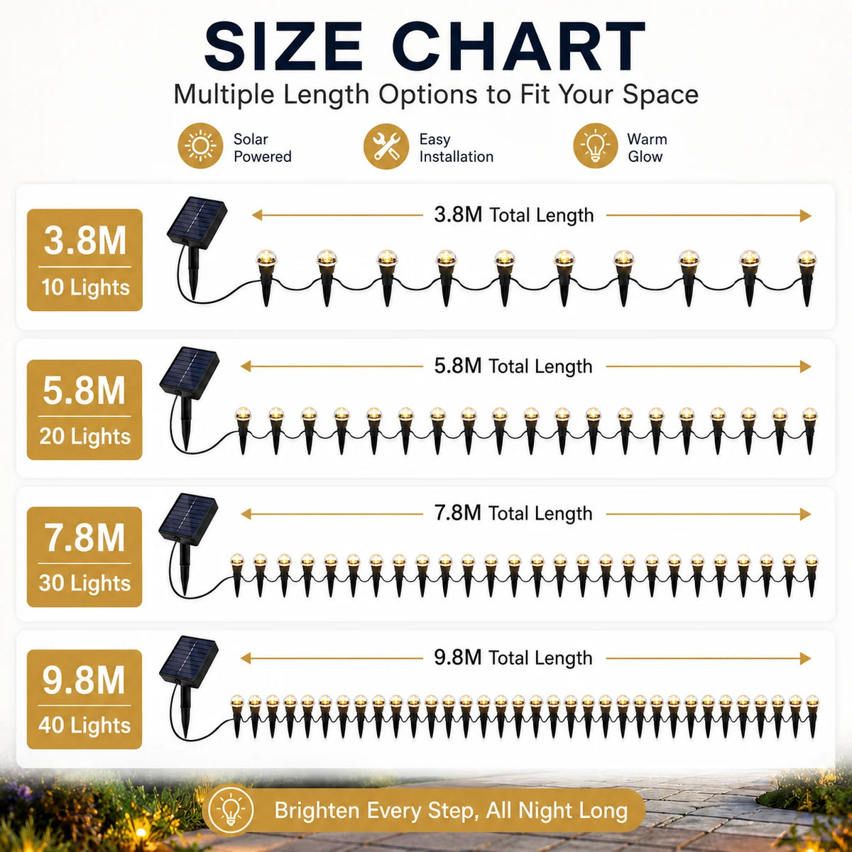 Size chart showing multiple length options for solar LED garden pathway lights with varying numbers of lights