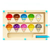 A wooden number bead maze board with colored ice cream cones for sorting and learning.