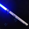 A glowing blue lightsaber with a silver hilt is shown against a dark background.