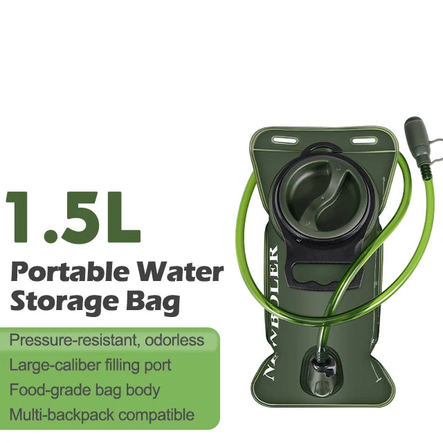A portable water storage bag in olive green with a green hose and fitting, designed for outdoor activities.