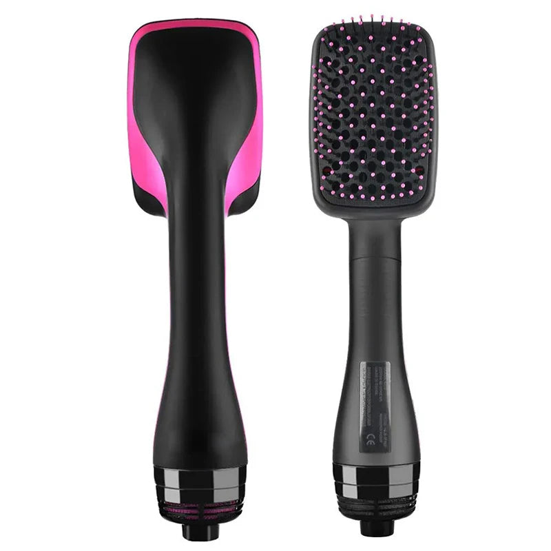 A black hot air brush dryer and styler with a pink accent, shown from the side.