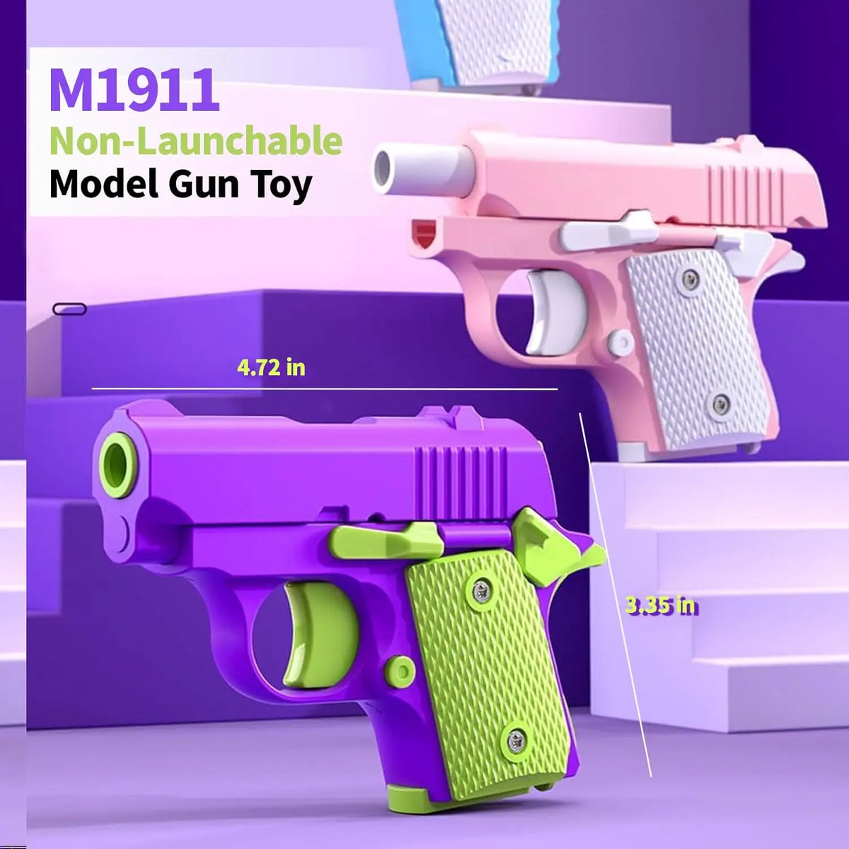 A pink and purple model gun toy is shown in two different configurations, highlighting its design.