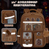 A tan backpack for children featuring 360-degree light protection and ergonomic support, decorated with capybara characters.