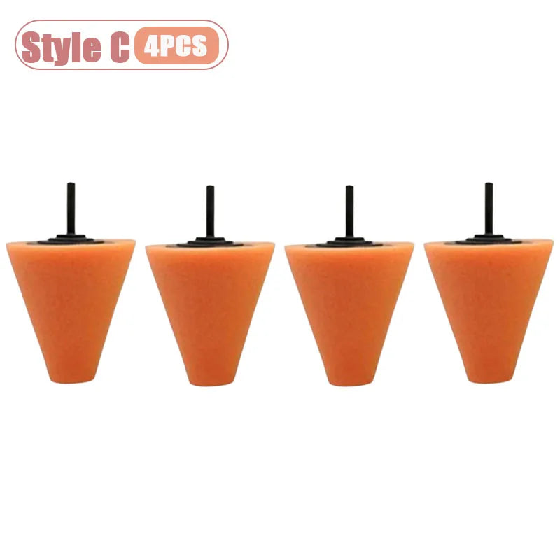 Four orange drill polishing sponge cones for wheels and automotive detailing