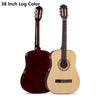 A wooden classical guitar with a dark red body and light natural wood top, shown from the front.