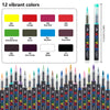 A set of twelve vibrant acrylic markers in various colors including yellow, orange, red, green, blue, and black.