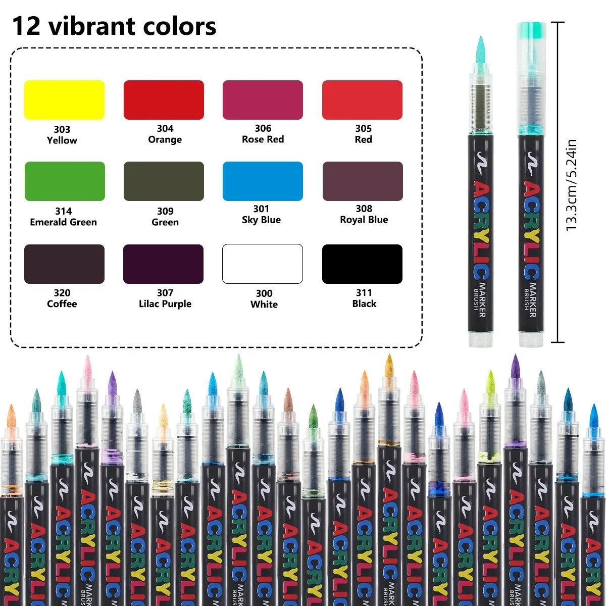 A set of twelve vibrant acrylic markers in various colors including yellow, orange, red, green, blue, and black.