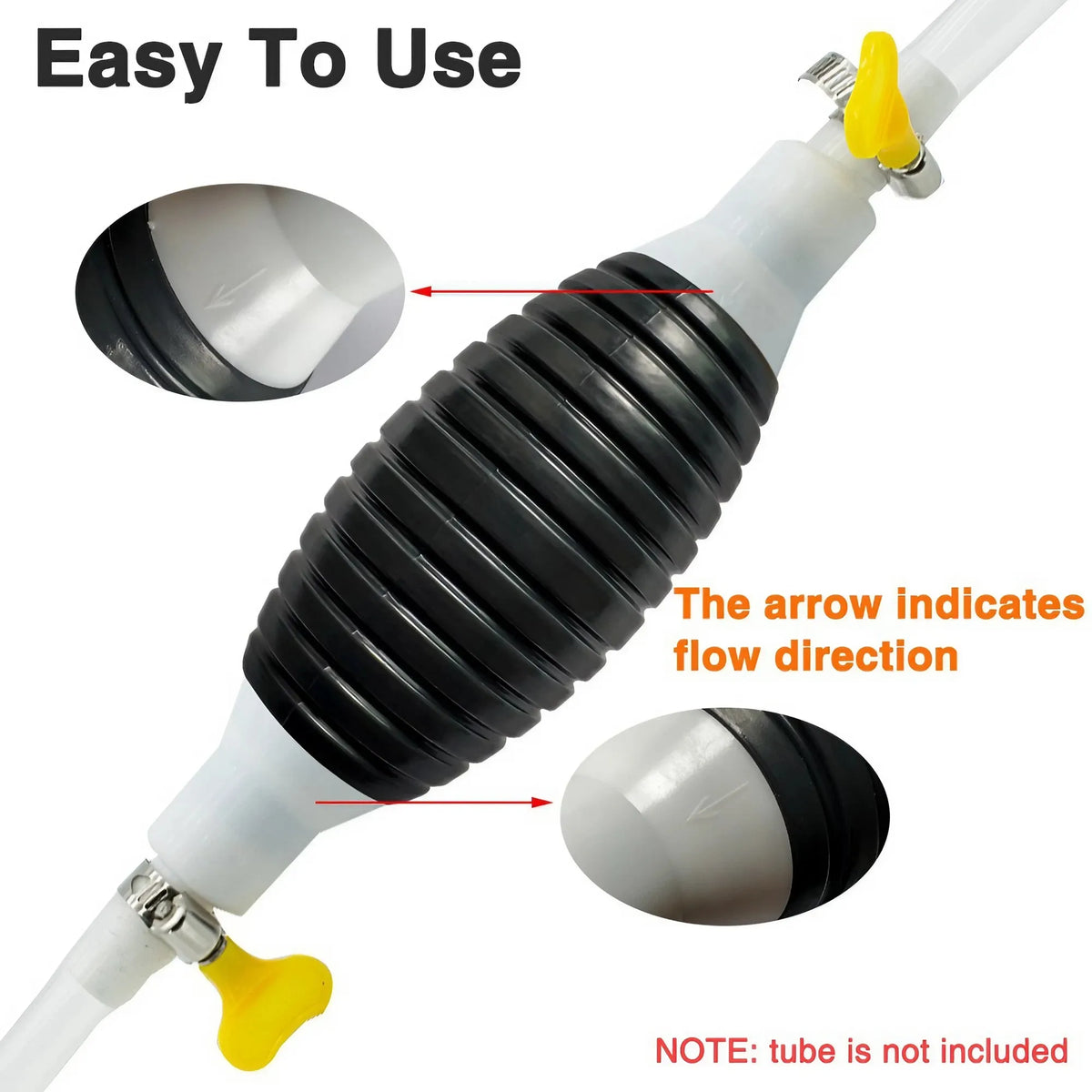 A close-up view of a portable siphon pump kit showing the black corrugated tube and yellow flow control valve.