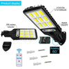 A solar powered motion sensor wall light with 100 LEDs and various components shown for installation.