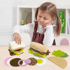 A child is playing with a felt burger and sandwich food play set featuring various food items.