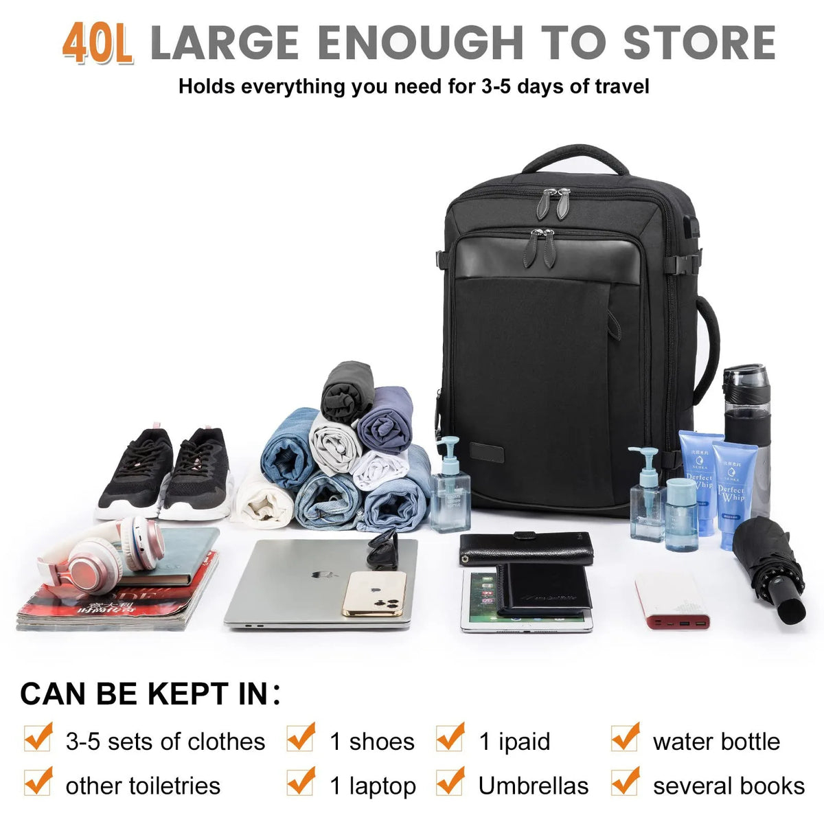 Expandable Travel Backpack with 4 Packing Cubes