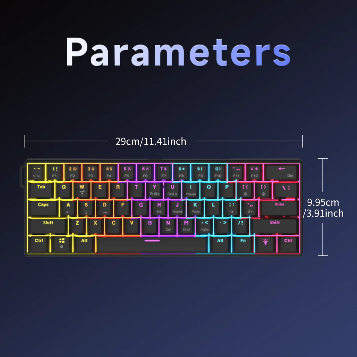 Nahaufnahme einer mechanischen Gaming-Tastatur mit ihren Parametern und der Anordnung.