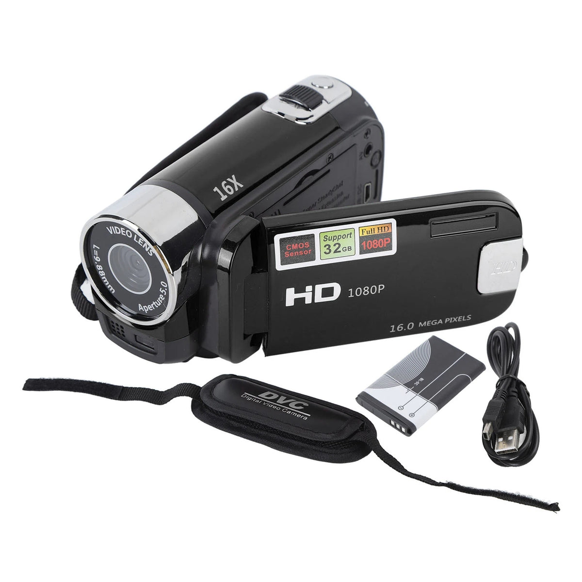 Black video camera with a large lens and an attached DVD storage drive.