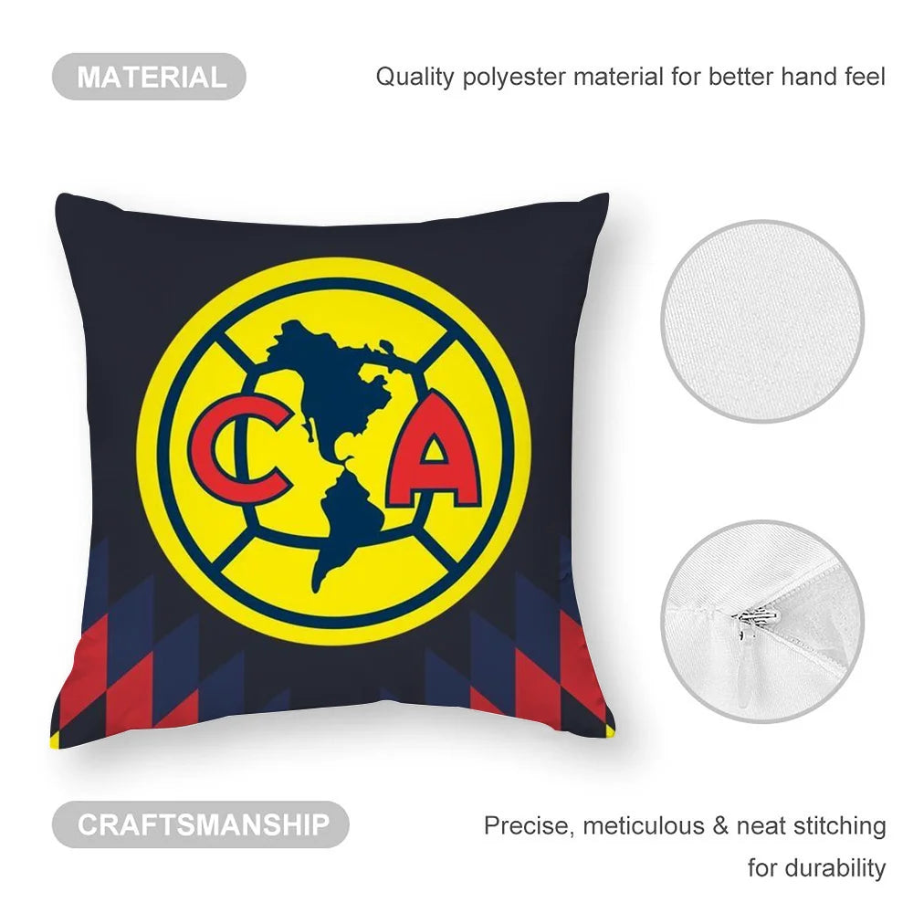 A dark blue pillowcase featuring a yellow circular logo with the letters CA inside, emphasizing quality polyester material an