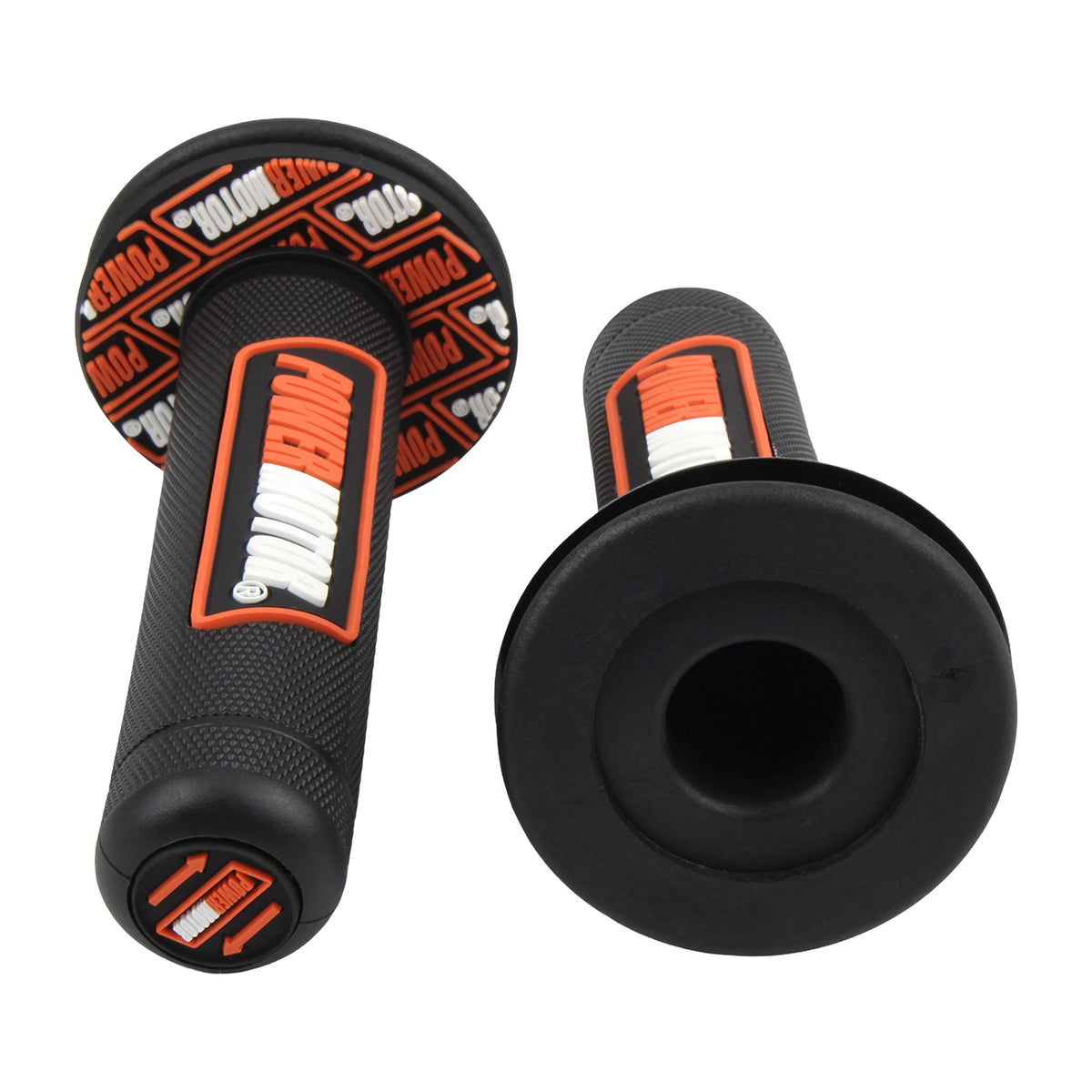 A black motorcycle handlebar grip with an orange and white textured cover and a removable silicone insert.