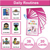 A set of 20 daily routines flash cards for children showing activities like getting home, taking a bath, and feeding a pet.