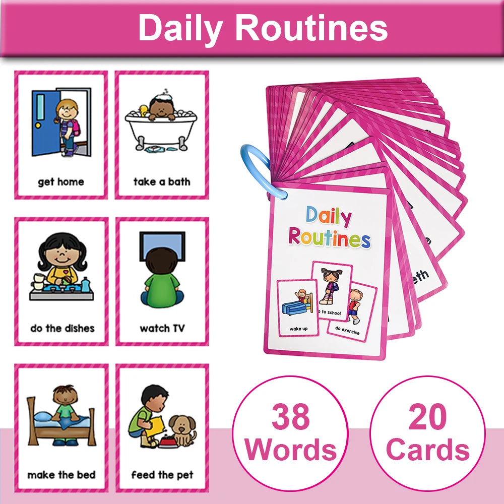 A set of 20 daily routines flash cards for children showing activities like getting home, taking a bath, and feeding a pet.
