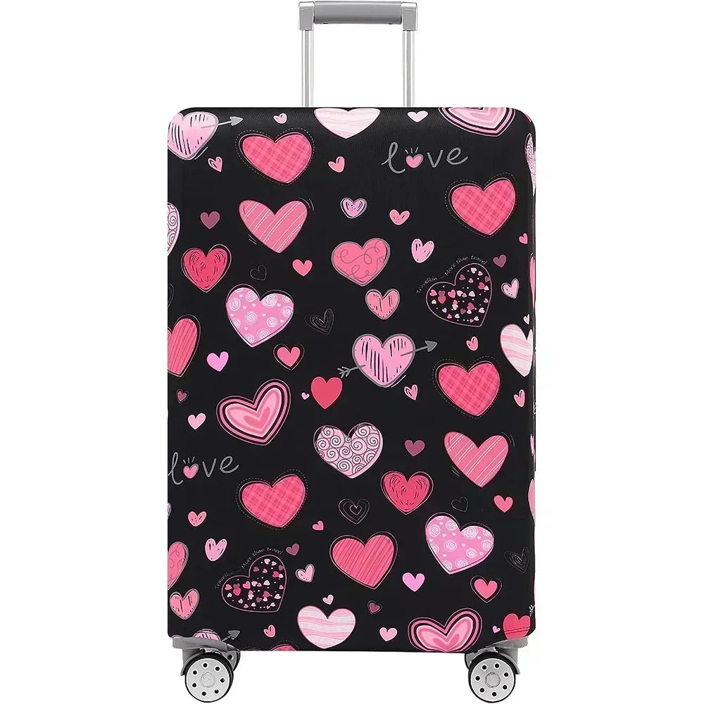 Black suitcase protector cover decorated with pink hearts and the word love