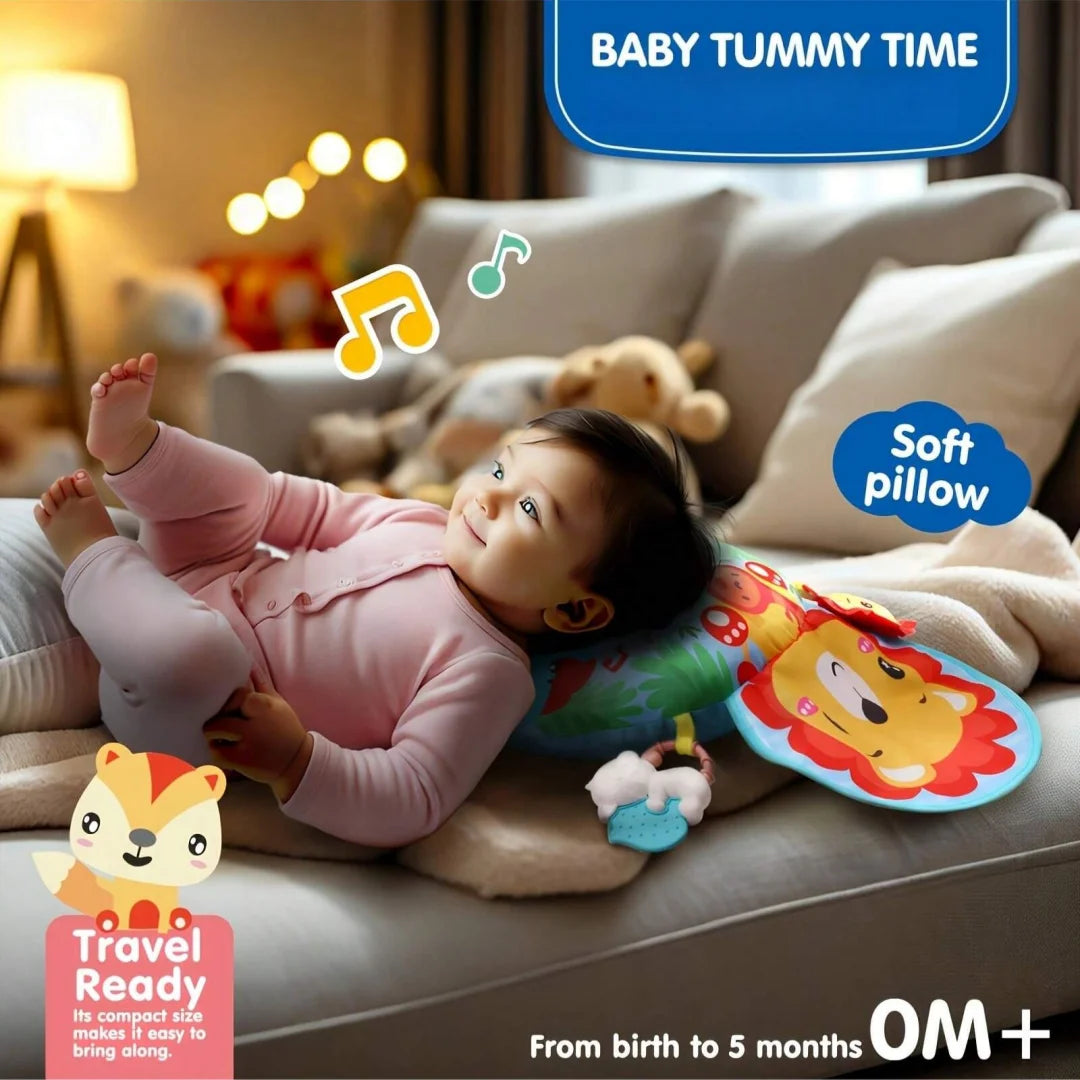 A baby is practicing tummy time on a soft pillow mat with colorful toys in a bright indoor setting.