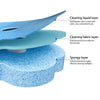 Cross-section view of a blue disposable toilet brush set showing the cleaning liquid layer, fabric layer, and spongy layer.