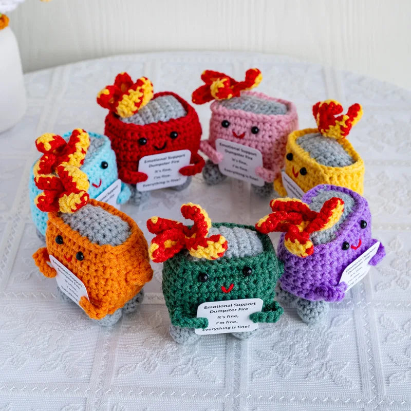 Handmade Crochet Dumpster Fire Doll – Funny Emotional Support Decor