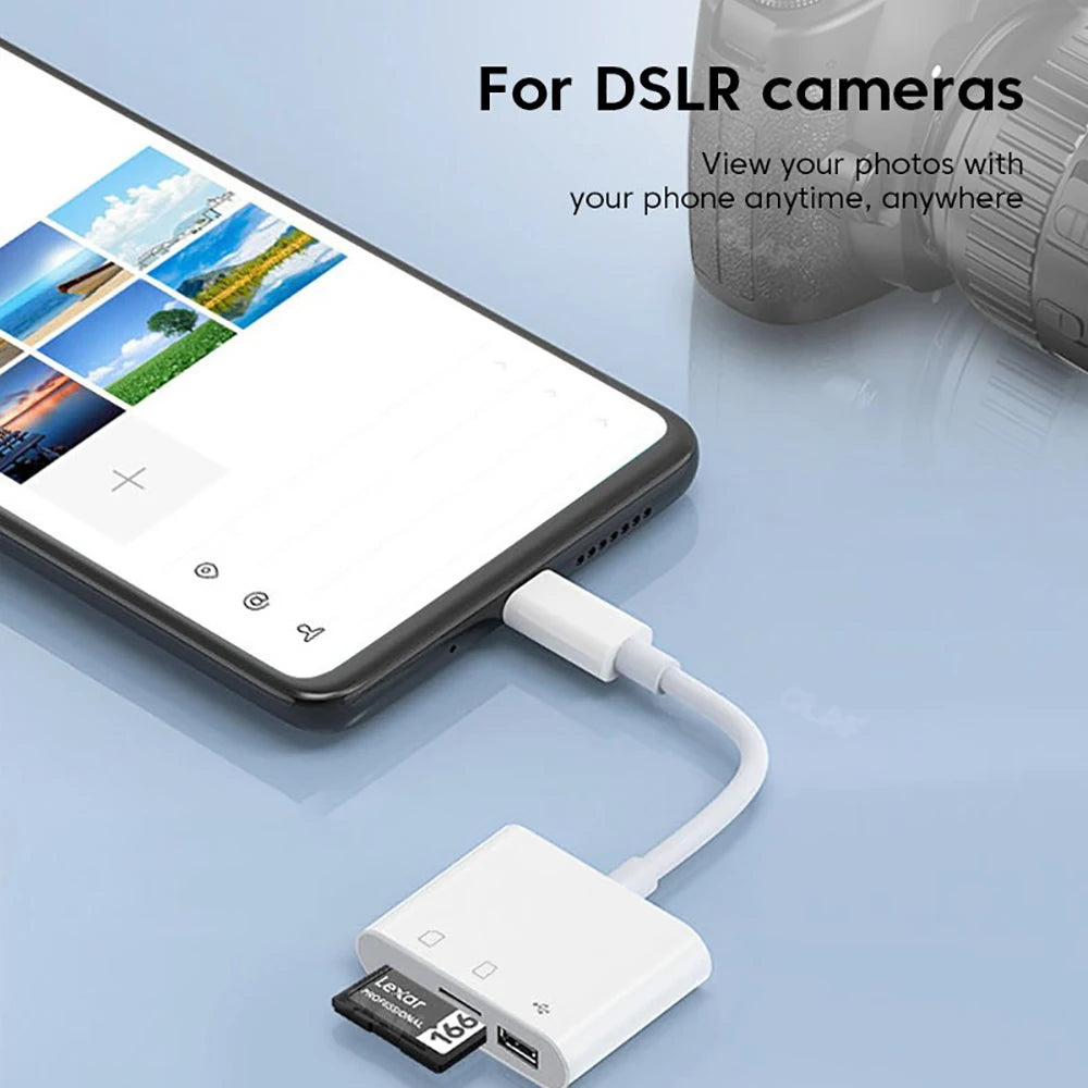 محول قارئ بطاقة أبيض يربط الهاتف الذكي بكاميرا DSLR لنقل الصور.