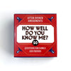 A red box for a party game titled After Dinner Amusements How Well Do You Know Me 50 Questions for Family and Friends