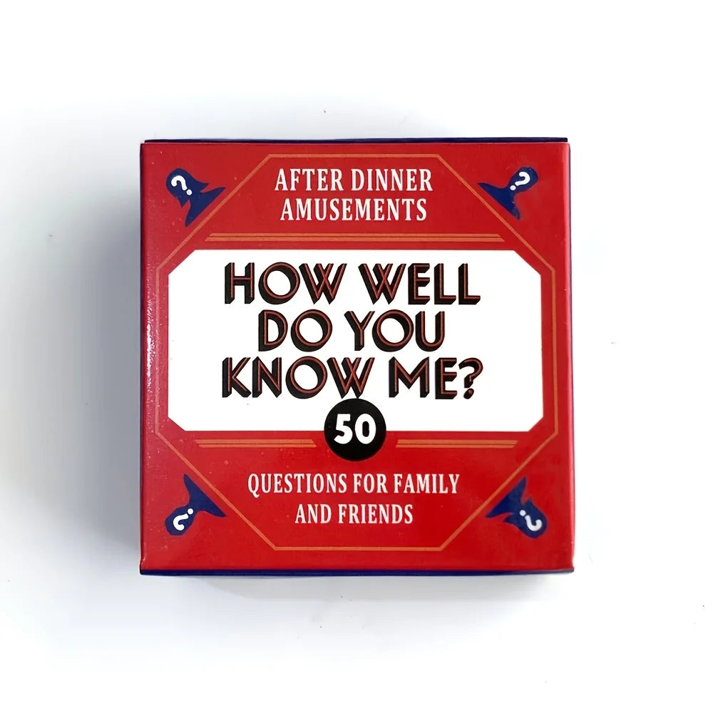 A red box for a party game titled After Dinner Amusements How Well Do You Know Me 50 Questions for Family and Friends