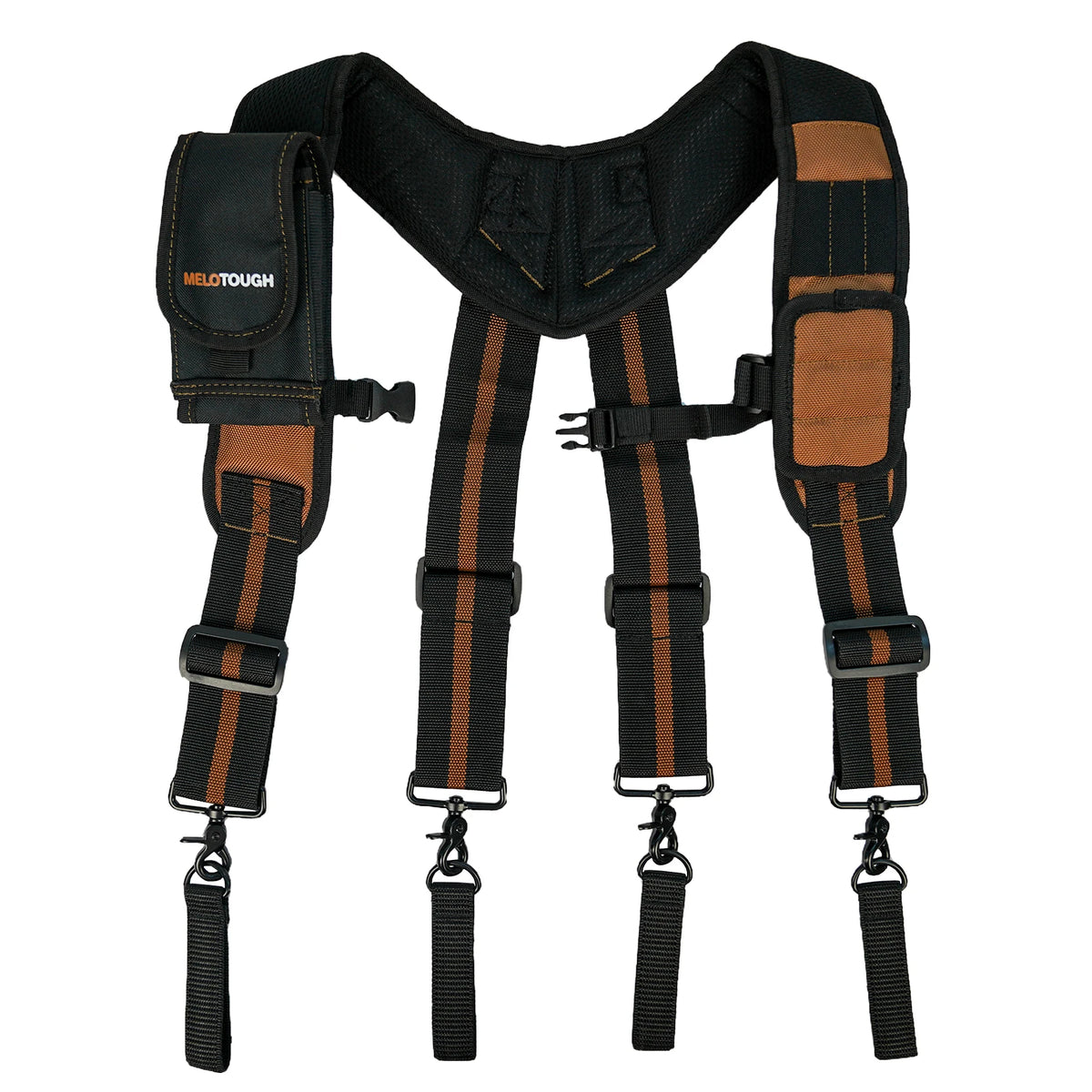 Black magnetic tool belt suspenders with phone holders and a separate pouch.