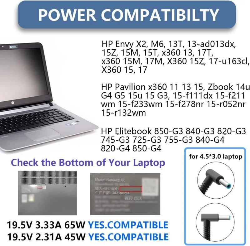 65W HP Laptop Charger with 4.5mm Blue Tip Connector