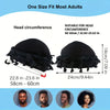 Black vintage twist head wrap with tassels shown next to models demonstrating fit for various head circumferences.
