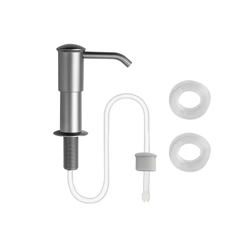 A silver kitchen sink soap dispenser extension kit showing a pump, flexible tube, and silicone seals.