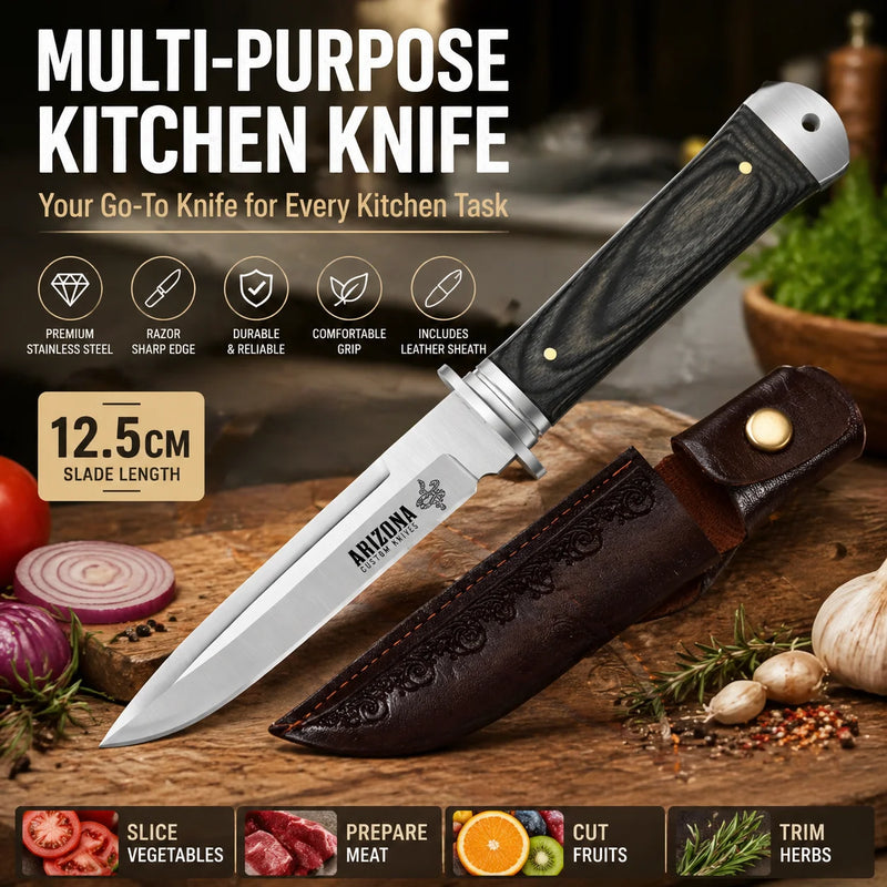 Versatile Kitchen Knife with Wooden Handle and Leather Sheath