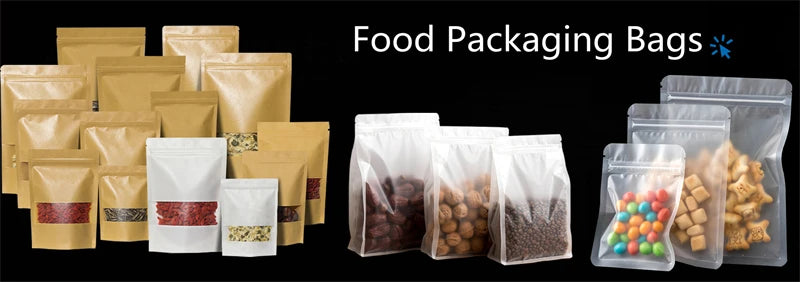 A collection of clear food packaging bags filled with various dry goods like nuts, grains, and candies.