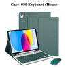 A green detachable wireless keyboard and mouse case for an iPad, shown next to the components.