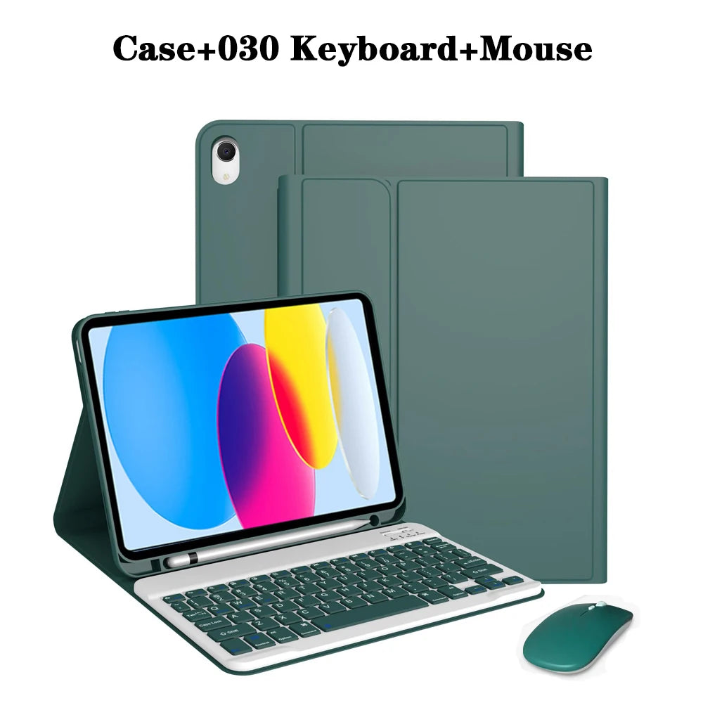 A green detachable wireless keyboard and mouse case for an iPad, shown next to the components.