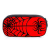Rotes Bleistiftcase mit schwarzem Spinnweben- und Spinnenmusterdesign.