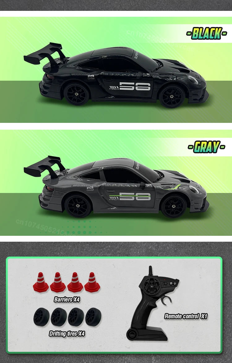 Black and gray RC drift trucks with barriers and drifting tires shown next to a remote control
